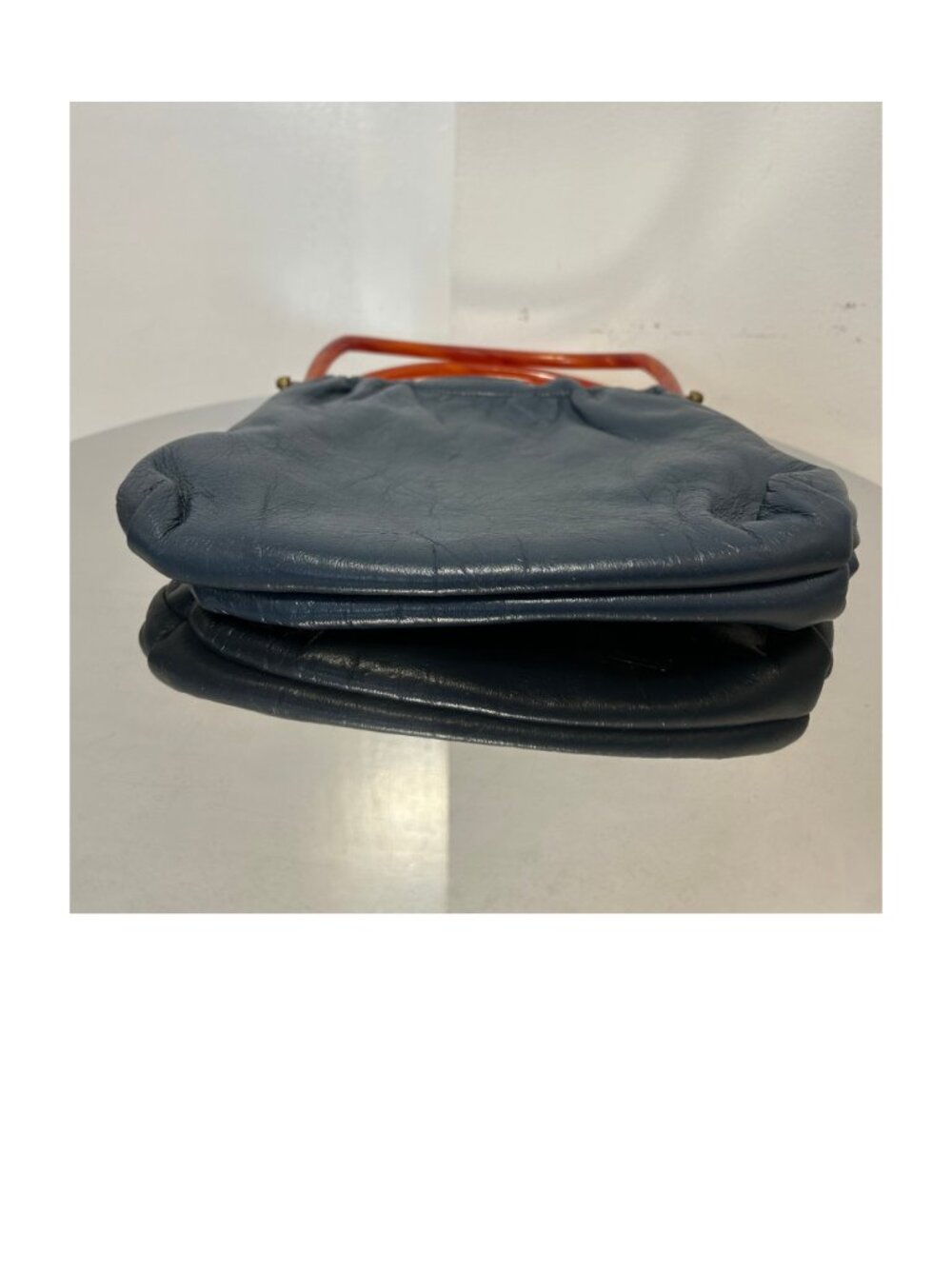 Vintage Navy Blue Leather Purse with Lucite Handles - Picture 3 of 4